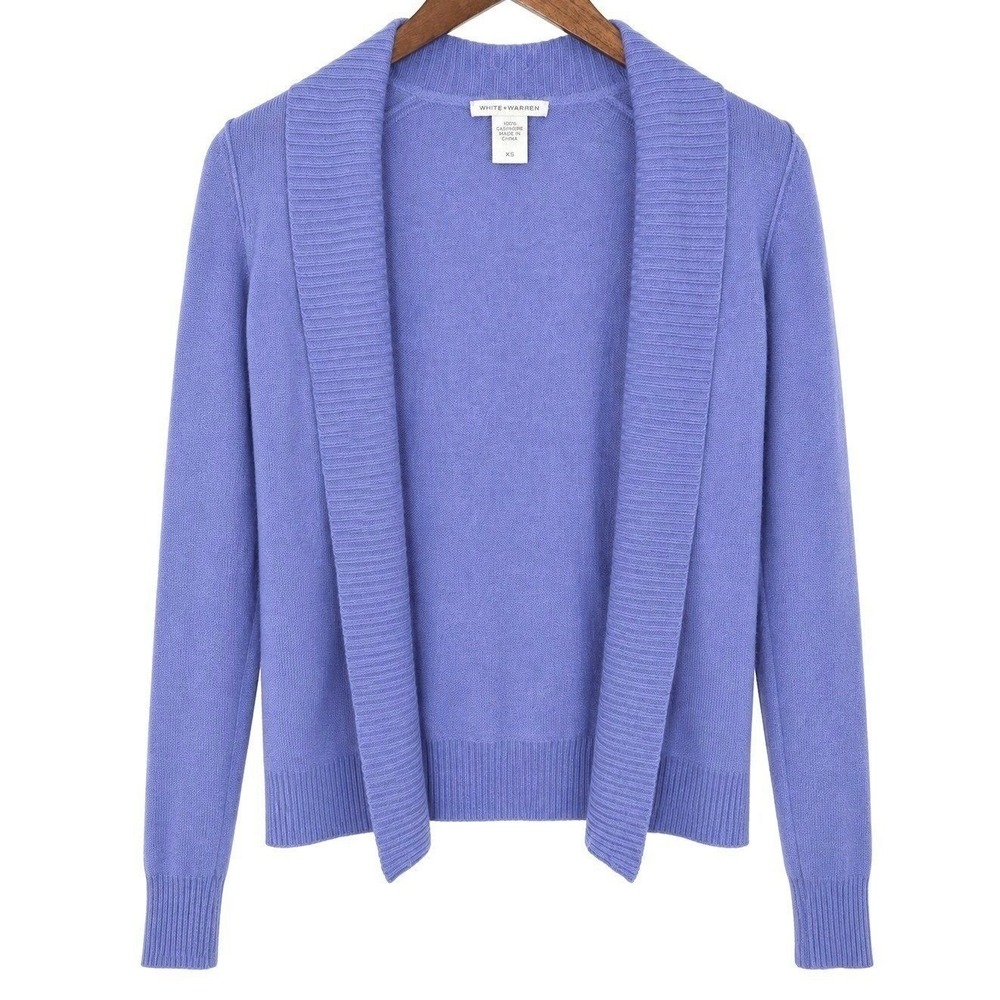 White + Warren 100% Cashmere Open Cardigan Womens XS Purple Ribbed Shawl Collar